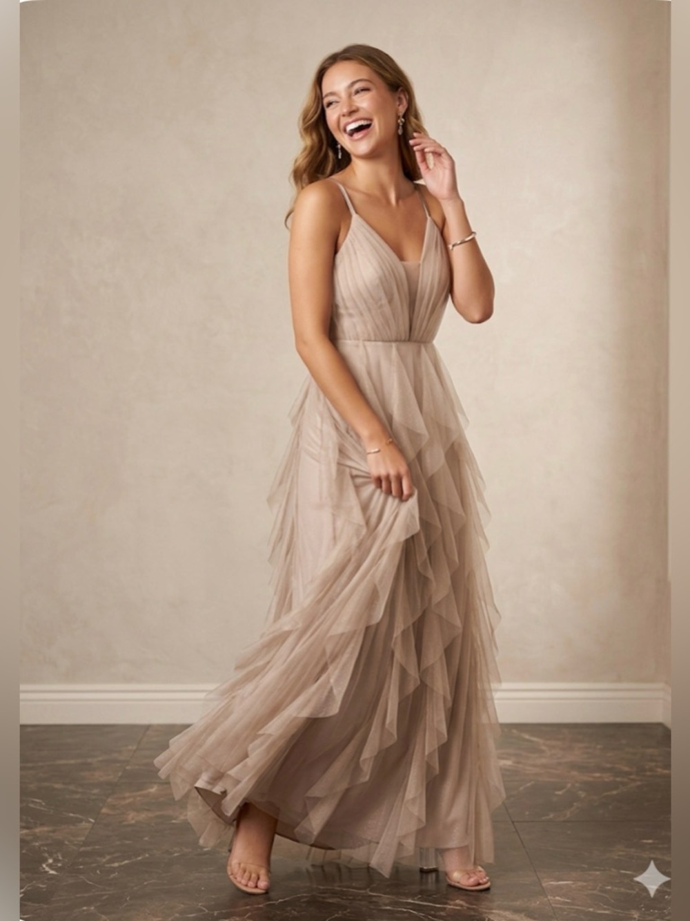 Flowing V-Neck Layered Maxi Dress in Taupe